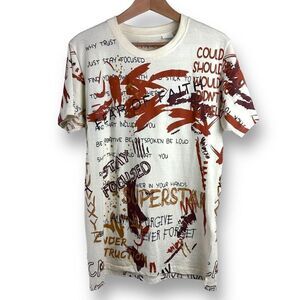 FWRD Denim Men's Size M Wearable Art Graphic Tee Shirt Beige Maroon 100% Cotton